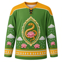 Load image into Gallery viewer, Nag Panchami Original Hockey Jersey in Monsoon Green, front view with themed artwork and clean crest