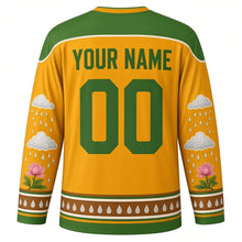 Load image into Gallery viewer, Nag Panchami Original Hockey Jersey in Turmeric Yellow, back view with custom YOUR NAME and 00