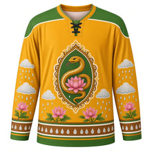 Load image into Gallery viewer, Nag Panchami Original Hockey Jersey in Turmeric Yellow, front view with themed artwork and clean crest