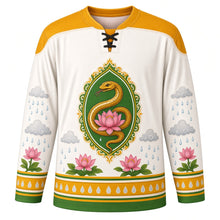 Load image into Gallery viewer, Nag Panchami Original Hockey Jersey in Milk White, front view with themed artwork and clean crest