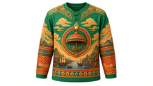 Load image into Gallery viewer, Nagasaki Kunchi Original Hockey Jersey in Jade Green, front view with detailed full-body artwork and ornate crest