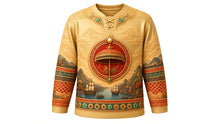 Load image into Gallery viewer, Nagasaki Kunchi Original Hockey Jersey in Golden Pearl, front view with detailed full-body artwork and ornate crest