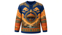 Load image into Gallery viewer, Nagasaki Kunchi Original Hockey Jersey in Harbor Blue, front view with detailed full-body artwork and ornate crest