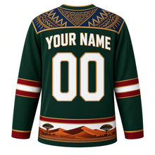 Load image into Gallery viewer, Namibia Original Hockey Jersey in Etosha Green, back view with your name and number – Makalani basketry yoke and gold-braid sleeve bands