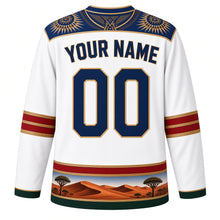 Load image into Gallery viewer, Namibia Original Hockey Jersey in Gemsbok White, back view with your name and number – Makalani basketry yoke and gold-braid sleeve bands