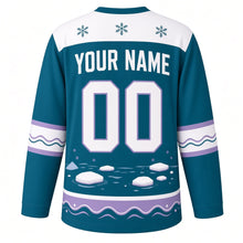 Load image into Gallery viewer, Narwhal Arctic Sea Original Hockey Jersey in Deep Fjord, back view with your name and number – snowflake yoke and wave-stripe sleeve bands