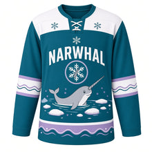 Load image into Gallery viewer, Narwhal Arctic Sea Original Hockey Jersey in Deep Fjord, front view – friendly narwhal gliding past ice floes with narwhal tusk crest, custom name and number