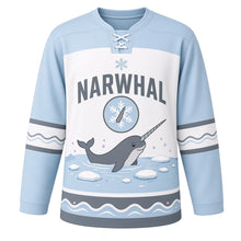 Load image into Gallery viewer, Narwhal Arctic Sea Original Hockey Jersey in Arctic Ice, front view – friendly narwhal gliding past ice floes with narwhal tusk crest, custom name and number