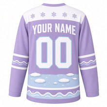 Load image into Gallery viewer, Narwhal Arctic Sea Original Hockey Jersey in Aurora Lilac, back view with your name and number – snowflake yoke and wave-stripe sleeve bands