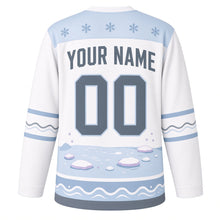 Load image into Gallery viewer, Narwhal Arctic Sea Original Hockey Jersey in Snow White, back view with your name and number – snowflake yoke and wave-stripe sleeve bands