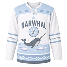 Load image into Gallery viewer, Narwhal Arctic Sea Original Hockey Jersey in Snow White, front view – friendly narwhal gliding past ice floes with narwhal tusk crest, custom name and number