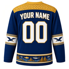 Load image into Gallery viewer, Nauru Original Hockey Jersey in Equator Blue, back view with your name and number – pandanus-weave yoke and frigatebird sleeve bands