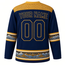 Load image into Gallery viewer, Nauru Original Hockey Jersey in Deep Lagoon Navy, back view with your name and number – pandanus-weave yoke and frigatebird sleeve bands