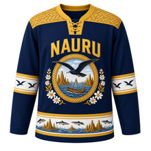Load image into Gallery viewer, Nauru Original Hockey Jersey in Deep Lagoon Navy, front view – NAURU chest lettering, pandanus-weave yoke and frigatebird medallion crest in ornate detailed artwork, custom name and number