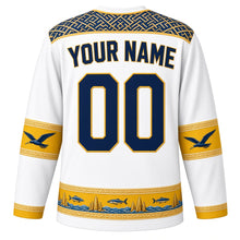 Load image into Gallery viewer, Nauru Original Hockey Jersey in Coral Pinnacle White, back view with your name and number – pandanus-weave yoke and frigatebird sleeve bands