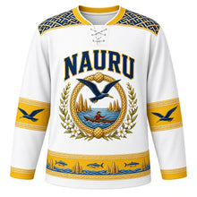 Load image into Gallery viewer, Nauru Original Hockey Jersey in Coral Pinnacle White, front view – NAURU chest lettering, pandanus-weave yoke and frigatebird medallion crest in ornate detailed artwork, custom name and number