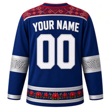 Load image into Gallery viewer, Nepal Original Hockey Jersey in Monal Blue, back view with your name and number – Dhaka-weave yoke and carved-lattice sleeve bands