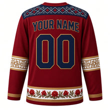 Load image into Gallery viewer, Nepal Original Hockey Jersey in Rhododendron Crimson, back view with your name and number – Dhaka-weave yoke and carved-lattice sleeve bands