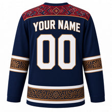 Load image into Gallery viewer, Nepal Original Hockey Jersey in Himalayan Navy, back view with your name and number – Dhaka-weave yoke and carved-lattice sleeve bands