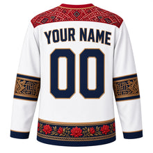 Load image into Gallery viewer, Nepal Original Hockey Jersey in Everest Snow White, back view with your name and number – Dhaka-weave yoke and carved-lattice sleeve bands