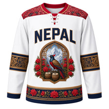 Load image into Gallery viewer, Nepal Original Hockey Jersey in Everest Snow White, front view – NEPAL chest lettering, Dhaka-weave yoke and danphe-pheasant carved-window crest in ornate detailed artwork, custom name and number