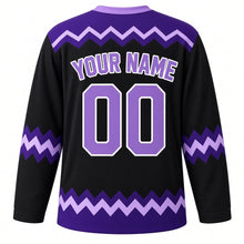 Load image into Gallery viewer, Nervous Energy Emotion Hockey Jersey in Storm Black, back view with your name and number – lightning zigzag yoke and purple sleeve stripes