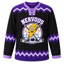 Load image into Gallery viewer, Nervous Energy Emotion Hockey Jersey in Storm Black, front view – wide-eyed lightning bolt mascot with zigzags and crossed hockey sticks, custom name and number