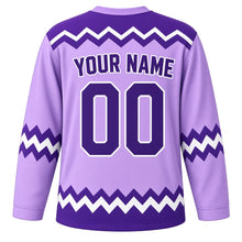 Load image into Gallery viewer, Nervous Energy Emotion Hockey Jersey in Lavender Haze, back view with your name and number – lightning zigzag yoke and purple sleeve stripes