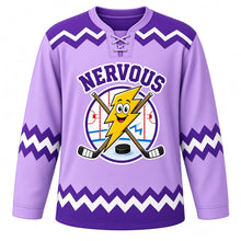 Load image into Gallery viewer, Nervous Energy Emotion Hockey Jersey in Lavender Haze, front view – wide-eyed lightning bolt mascot with zigzags and crossed hockey sticks, custom name and number