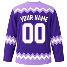 Load image into Gallery viewer, Nervous Energy Emotion Hockey Jersey in Electric Purple, back view with your name and number – lightning zigzag yoke and purple sleeve stripes