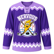 Load image into Gallery viewer, Nervous Energy Emotion Hockey Jersey in Electric Purple, front view – wide-eyed lightning bolt mascot with zigzags and crossed hockey sticks, custom name and number