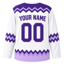Load image into Gallery viewer, Nervous Energy Emotion Hockey Jersey in Static White, back view with your name and number – lightning zigzag yoke and purple sleeve stripes