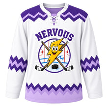 Load image into Gallery viewer, Nervous Energy Emotion Hockey Jersey in Static White, front view – wide-eyed lightning bolt mascot with zigzags and crossed hockey sticks, custom name and number