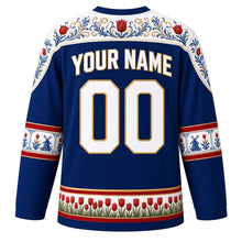 Load image into Gallery viewer, Netherlands Original Hockey Jersey in Delft Blue, back view with your name and number – Hindeloopen-painted yoke and Delft-tile sleeve bands