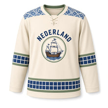 Load image into Gallery viewer, Netherlands Delft Tile Original Hockey Jersey in Biscuit Cream, front view – custom name and number