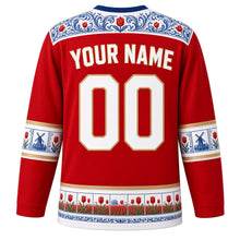Load image into Gallery viewer, Netherlands Original Hockey Jersey in Tulip Red, back view with your name and number – Hindeloopen-painted yoke and Delft-tile sleeve bands