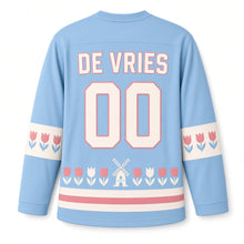 Load image into Gallery viewer, Netherlands Tulip Windmill Original Hockey Jersey in Polder Sky, back view with your name and number
