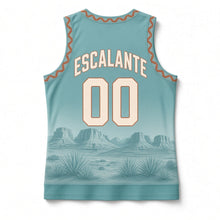 Load image into Gallery viewer, New Mexico Yucca Bloom Original Basketball Jersey in Turquoise Sky, back view with your name and number