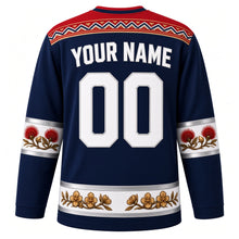 Load image into Gallery viewer, New Zealand Original Hockey Jersey in Southern Sky Navy, back view with your name and number – taniko-style woven yoke and pohutukawa sleeve bands