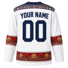 Load image into Gallery viewer, New Zealand Original Hockey Jersey in Alpine Snow White, back view with your name and number – taniko-style woven yoke and pohutukawa sleeve bands