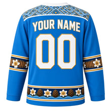 Load image into Gallery viewer, Nicaragua Original Hockey Jersey in Cocibolca Blue, back view with your name and number – Masaya hammock-weave yoke and marimba-key sleeve bands