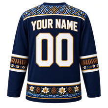 Load image into Gallery viewer, Nicaragua Original Hockey Jersey in Momotombo Navy, back view with your name and number – Masaya hammock-weave yoke and marimba-key sleeve bands