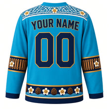 Load image into Gallery viewer, Nicaragua Original Hockey Jersey in Motmot Turquoise, back view with your name and number – Masaya hammock-weave yoke and marimba-key sleeve bands