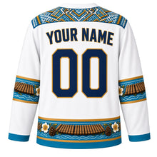 Load image into Gallery viewer, Nicaragua Original Hockey Jersey in Sacuanjoche White, back view with your name and number – Masaya hammock-weave yoke and marimba-key sleeve bands
