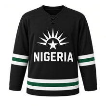 Load image into Gallery viewer, Nigeria Independence Day Original Hockey Jersey in Black, front view – custom name and number