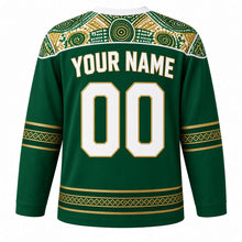 Load image into Gallery viewer, Nigeria Original Hockey Jersey in Lagos Green, back view with your name and number – adire-pattern yoke and aso-oke woven sleeve bands