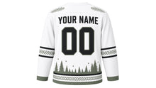 Load image into Gallery viewer, Night Owl Forest Original Hockey Jersey in Birch White, back view with your name and number – feather-pattern yoke and feather-chevron sleeve stripes