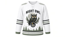 Load image into Gallery viewer, Night Owl Forest Original Hockey Jersey in Birch White, front view – horned owl on a pine branch before a full moon with owl-face crest, custom name and number