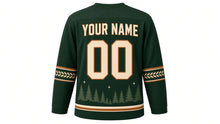 Load image into Gallery viewer, Night Owl Forest Original Hockey Jersey in Moss Green, back view with your name and number – feather-pattern yoke and feather-chevron sleeve stripes