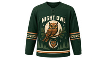 Load image into Gallery viewer, Night Owl Forest Original Hockey Jersey in Moss Green, front view – horned owl on a pine branch before a full moon with owl-face crest, custom name and number